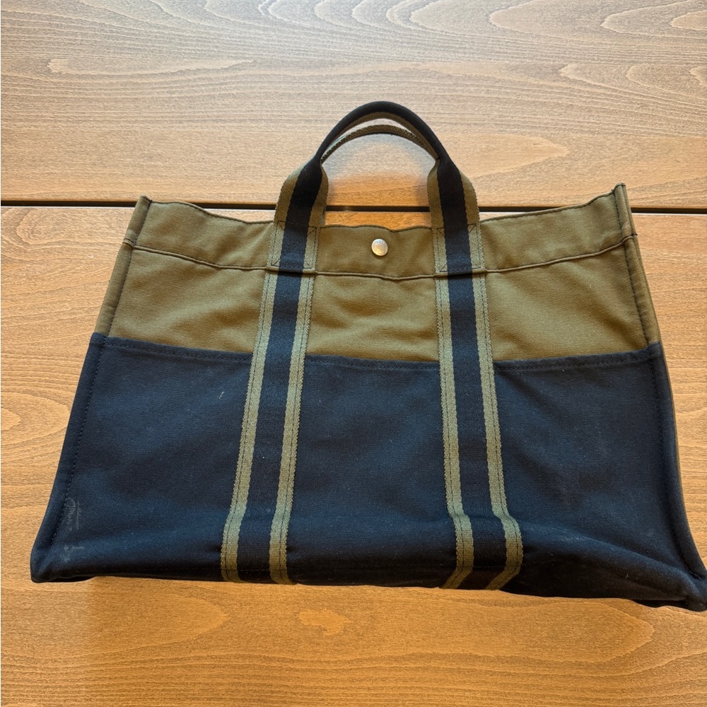 Hermes Olive Green and Black Canvas Tote with Dual Stripes